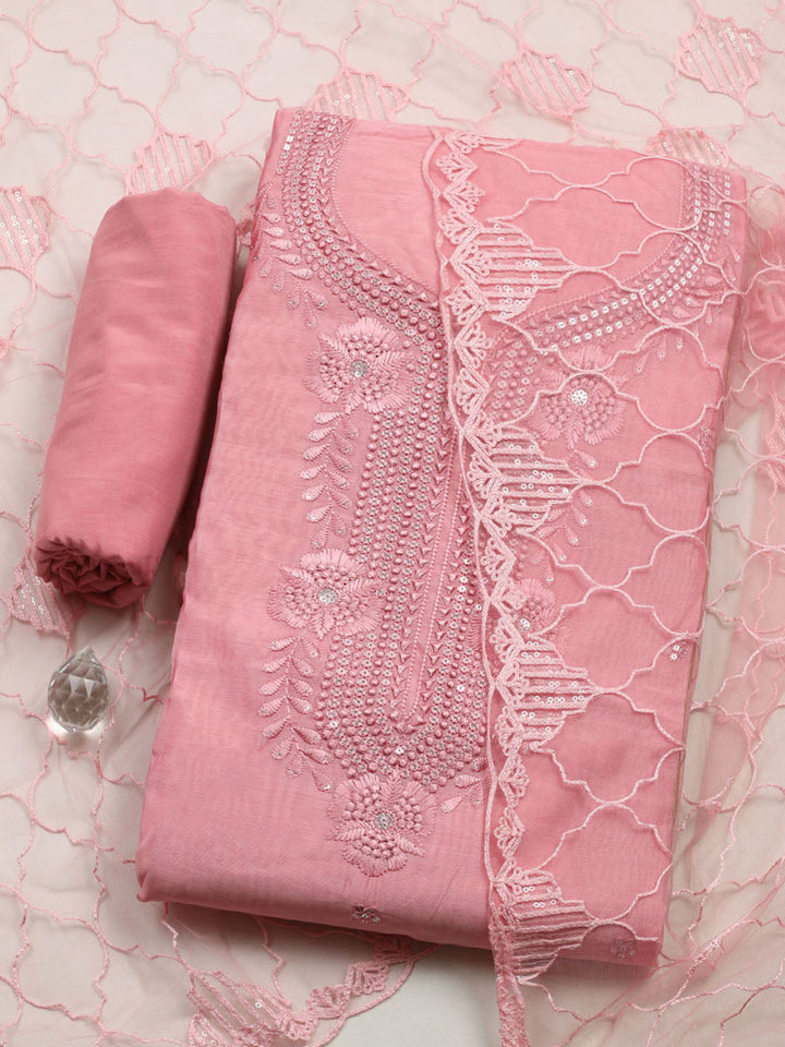 Embroidered Chanderi Unstitched Suit With Pant &amp; Dupatta