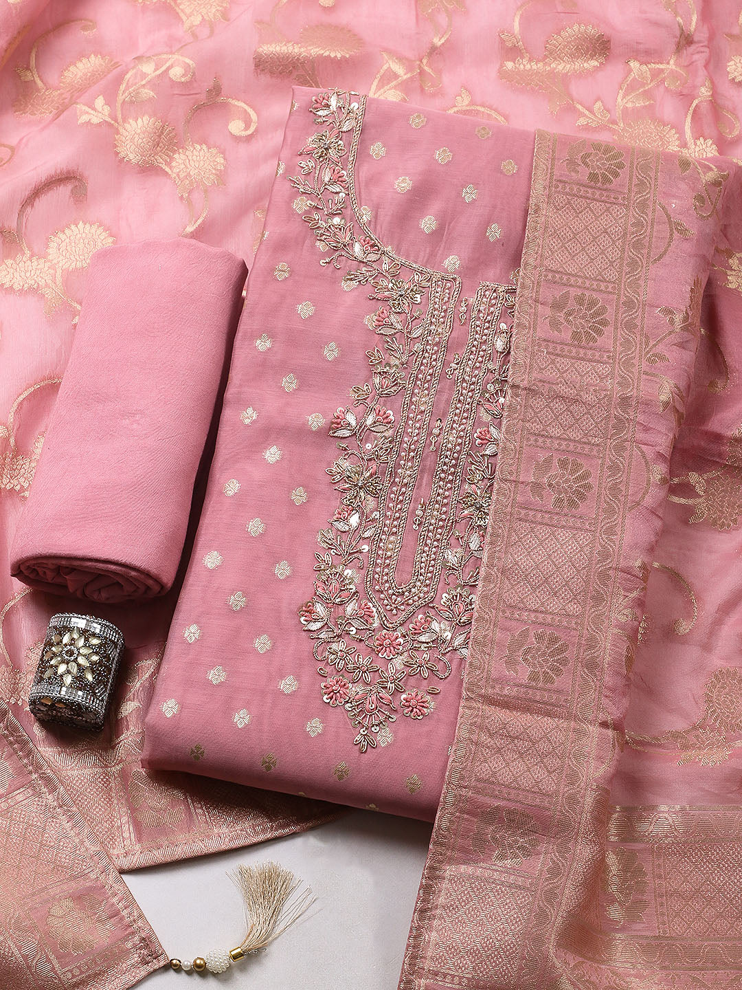 Embroidered Chanderi Unstitched Suit With Pant &amp; Dupatta