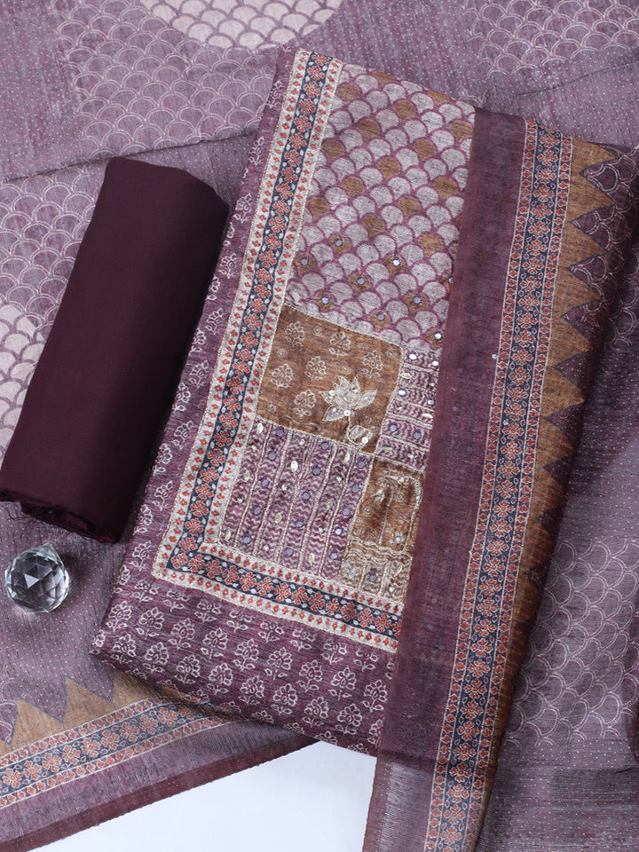Embroidered Chanderi Unstitched Suit With Pant &amp; Dupatta