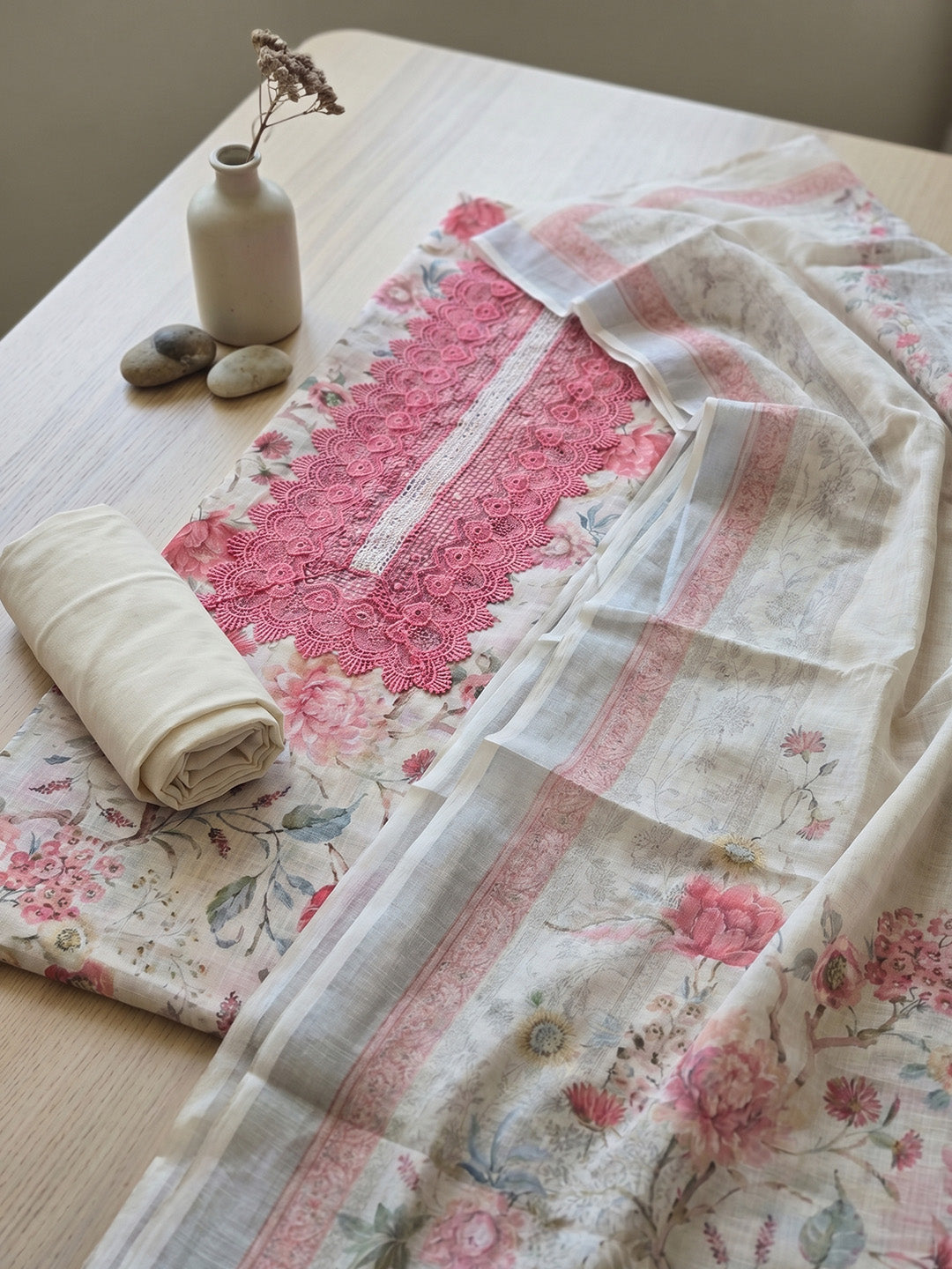 Printed Cotton Blend Unstitched Suit With Pant &amp; Dupatta