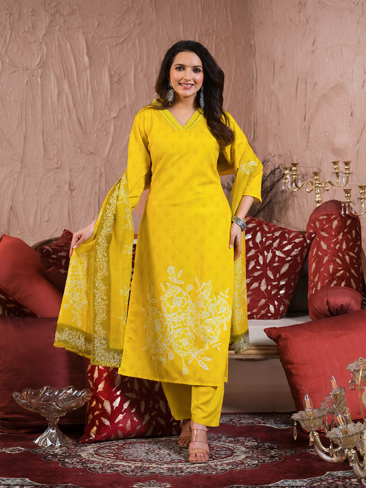 Neck Embroidery Cotton Blend Kurta With Pants & Dupatta