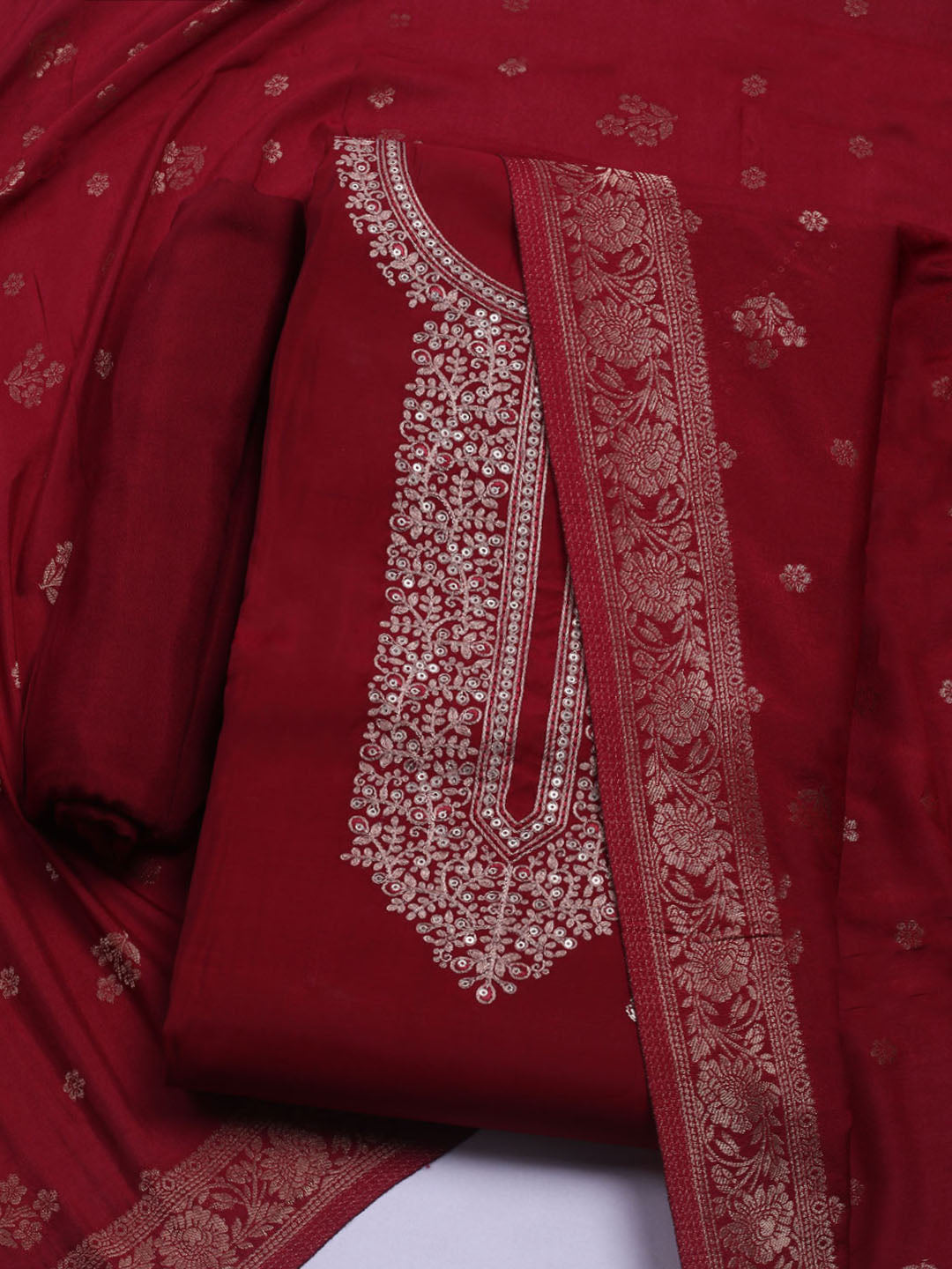 Embroidered Chanderi Unstitched Suit With Dupatta