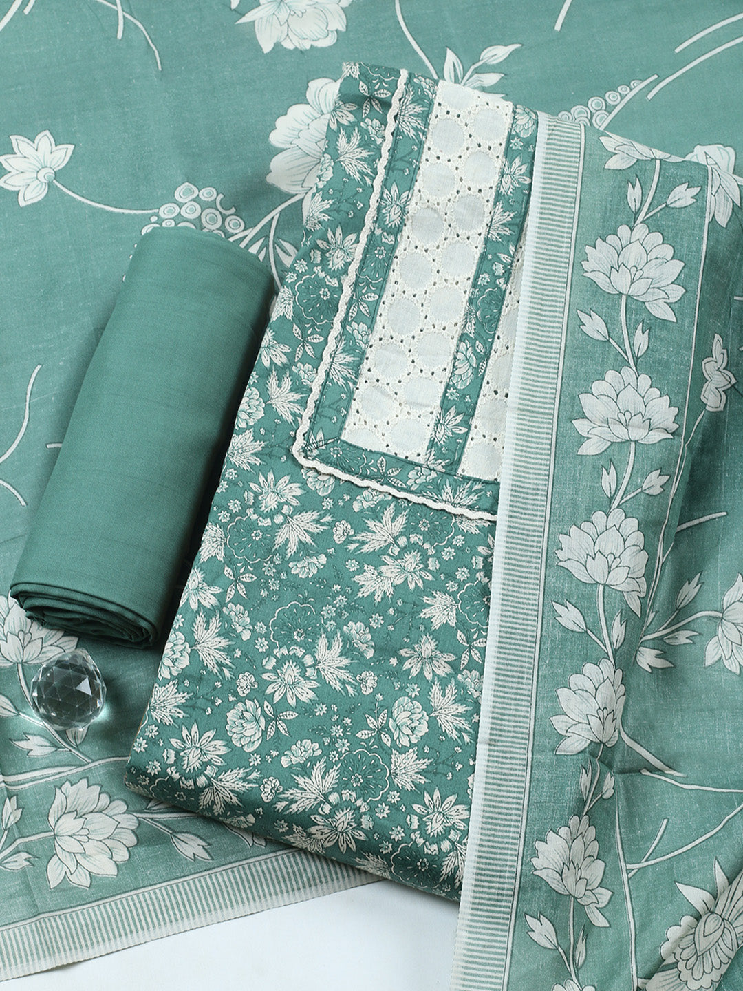 Printed Cotton Blend Unstitched Suit With Pant &amp; Dupatta