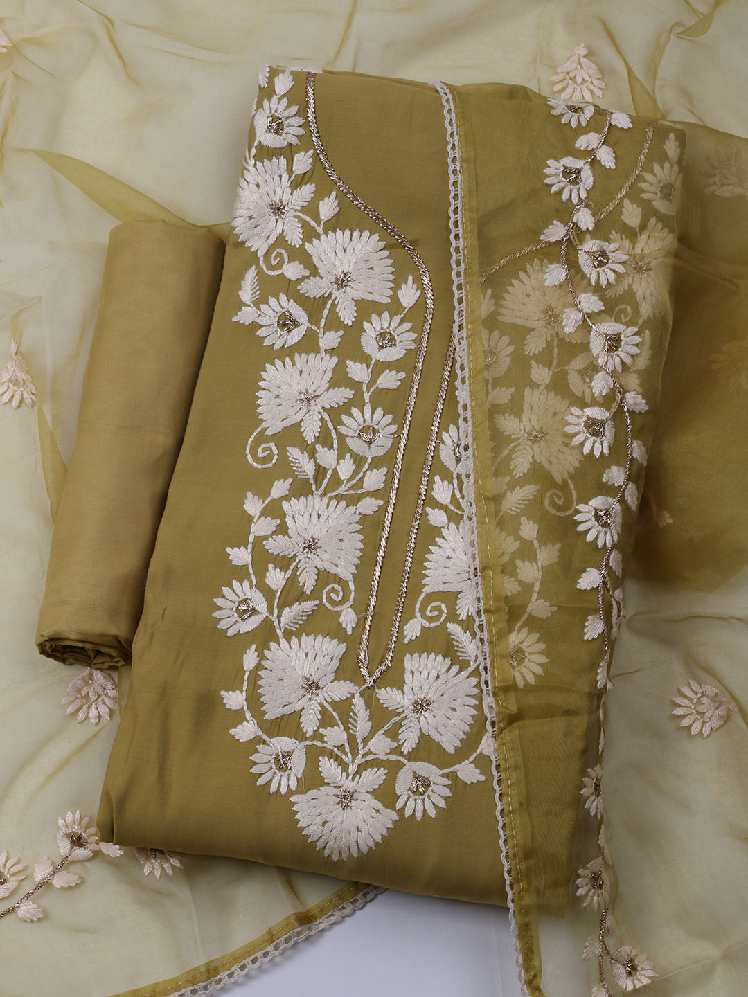 Neck Embroidered Chanderi Unstitched Suit With Dupatta