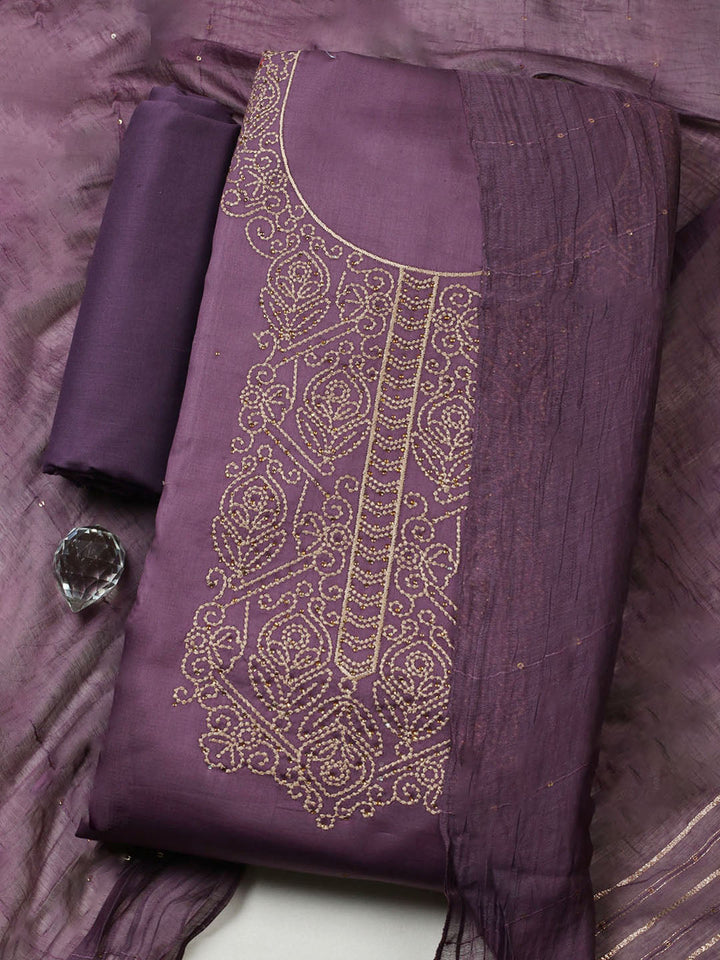 Embroidered Chanderi Unstitched Suit With Pant &amp; Dupatta