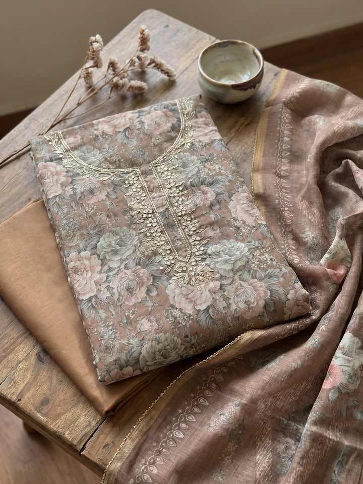 Embroidered Chanderi Unstitched Suit With Pant &amp; Dupatta