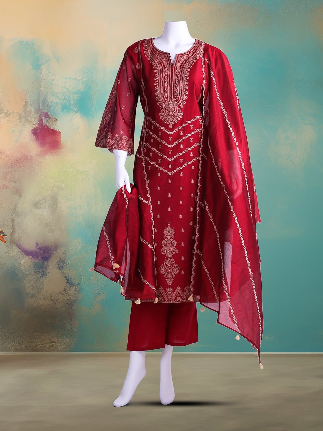 Embroidered Chanderi Kurta With Pant & Dupatta