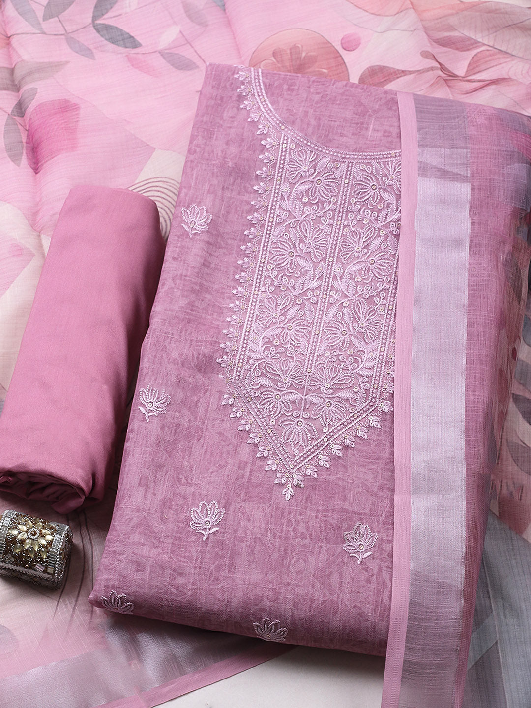 Embroidered Linen Blend UnstitchedSuit With Pant &amp; Dupatta