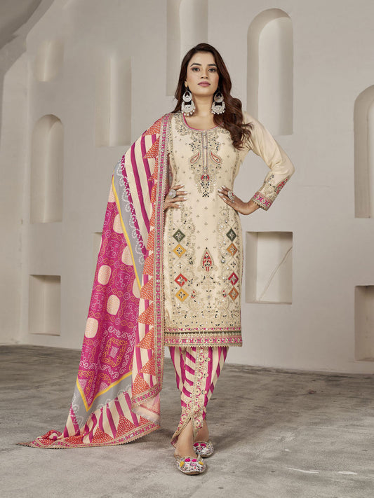 Embroidered Sequin Chinon Kurta With Dhoti And Dupatta