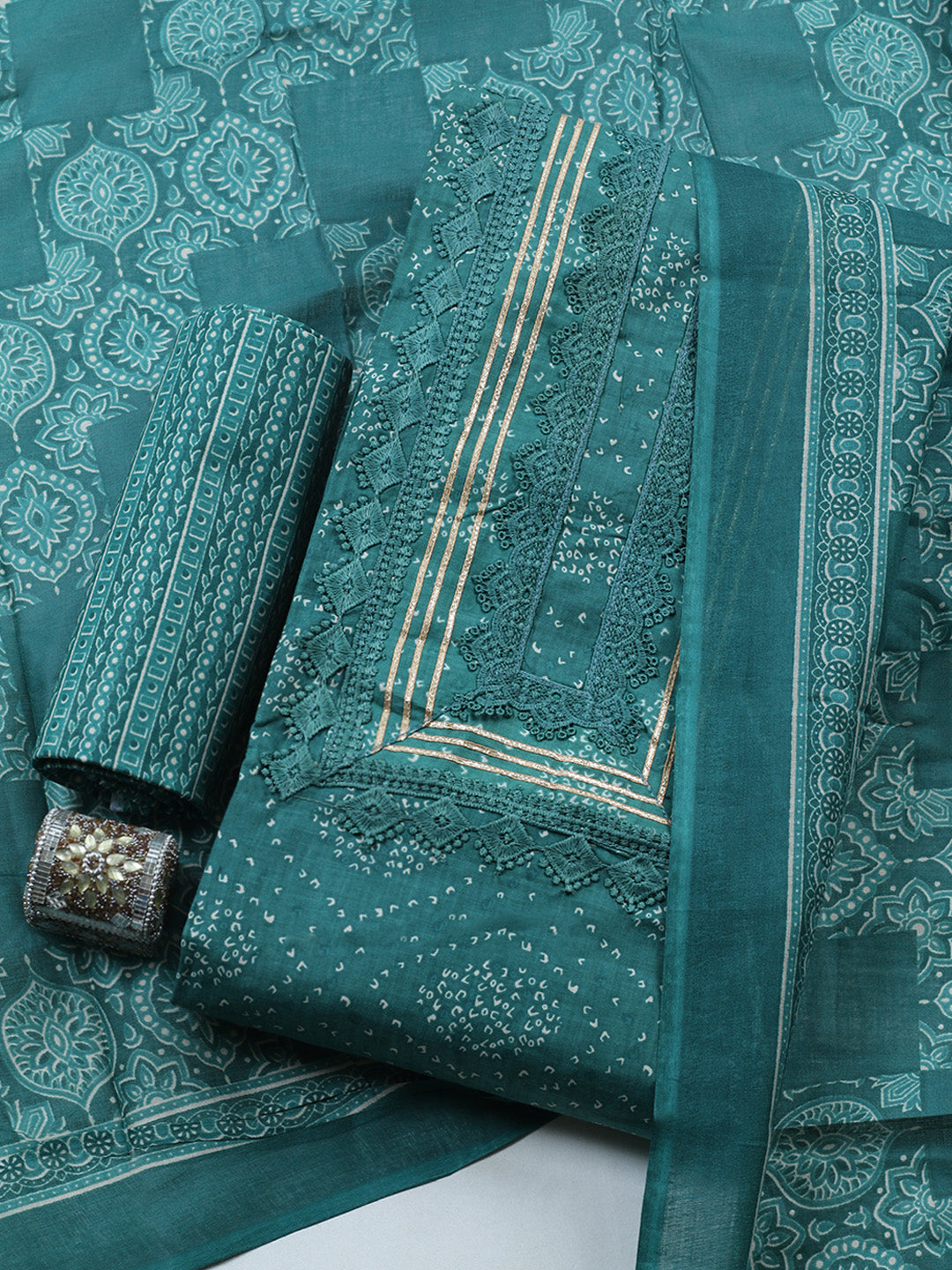 Printed Cotton Blend Unstitched Suit With Pant &amp; Dupatta