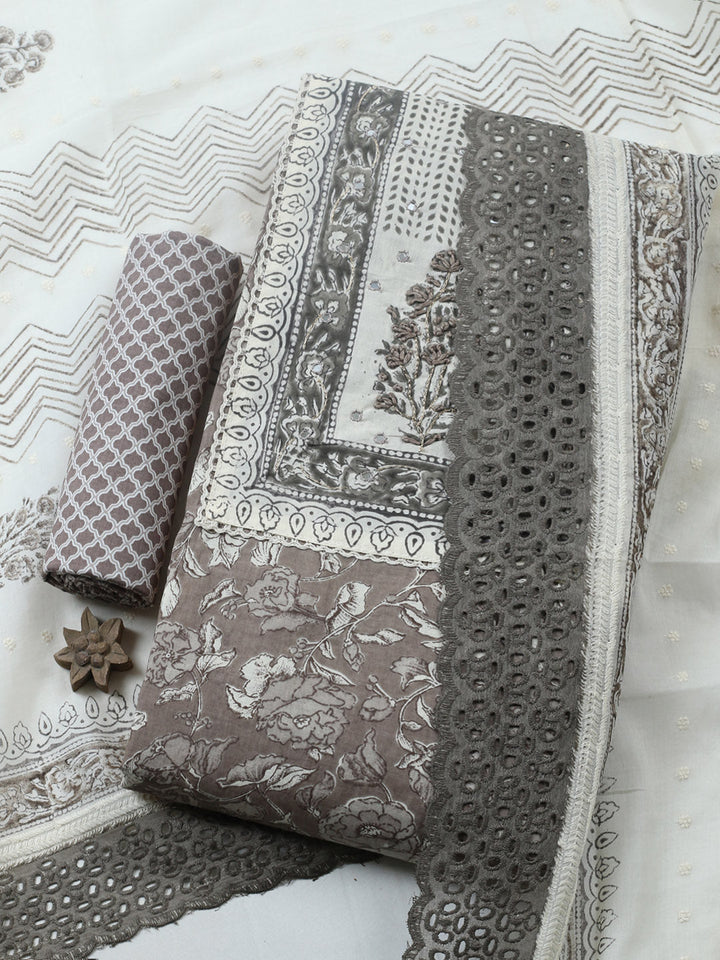 Embroidered Cotton Blend Unstitched Suit With Pant &amp; Dupatta