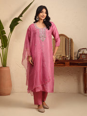 Embroidered Cotton Kurta With Pant & Dupatta