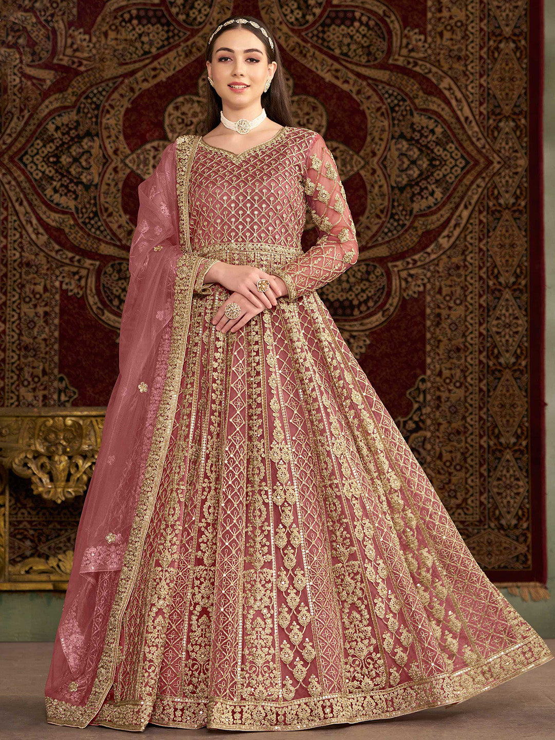 Embroidered Net Semi Stitched Gown With Dupatta