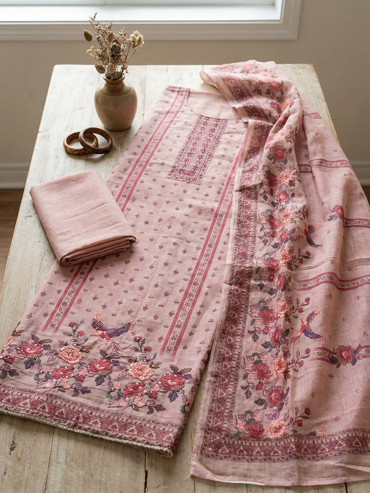 Embroidered Cotton Blend Unstitched Suit With Pant &amp; Dupatta