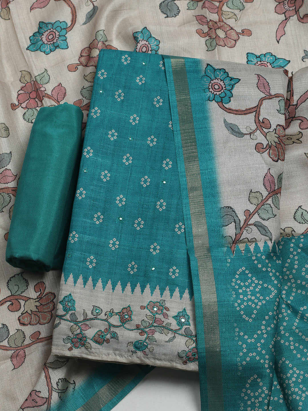 Embroidered Tussar Unstitched Suit With Dupatta
