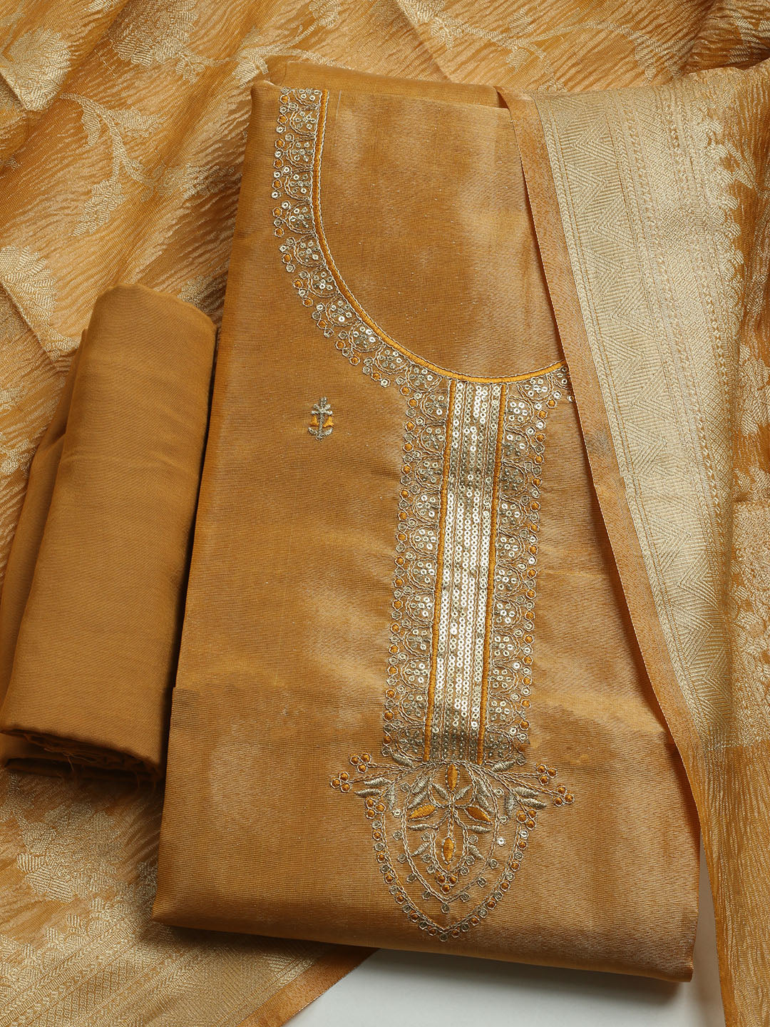 Embroidered Tissue Unstitched Kurta With Pant & Dupatta