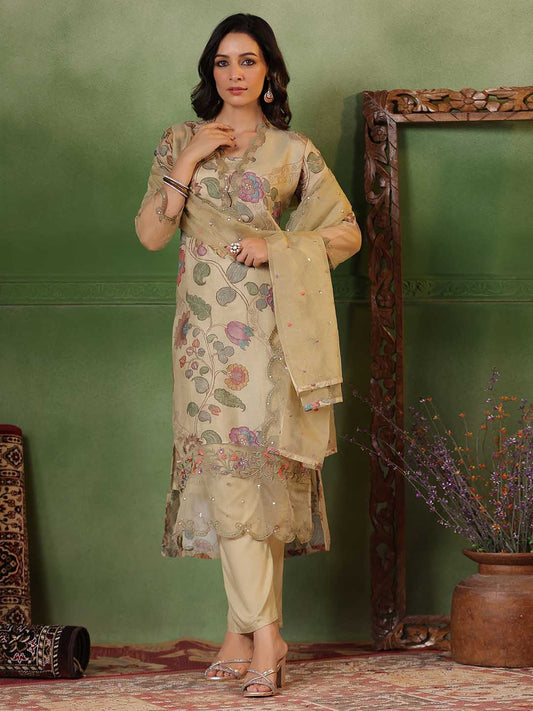 Digital Floral Printed Cotton Blend Kurta With Pants & Dupatta