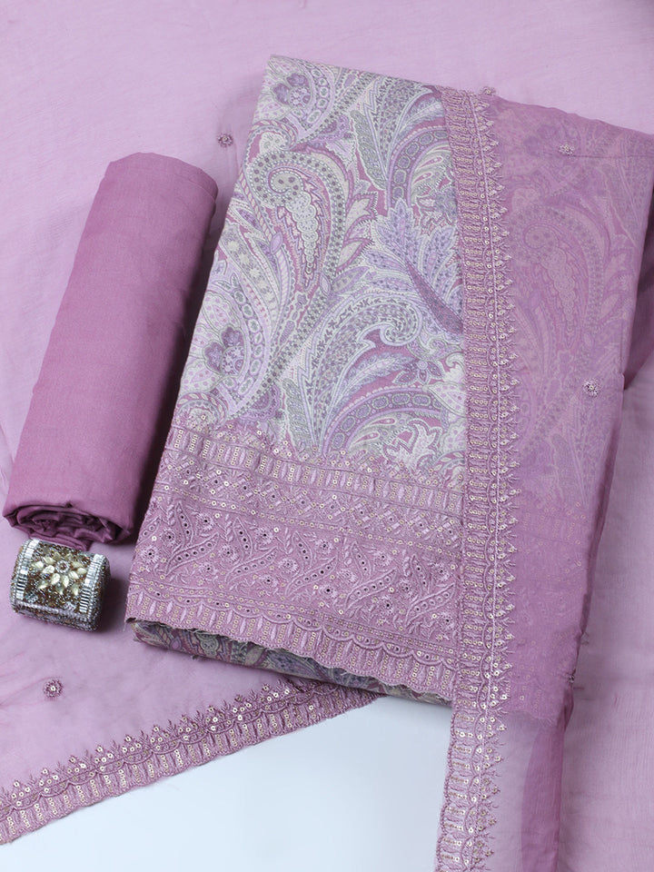 Embroidered Chanderi Unstitched Suit With Pant &amp; Dupatta