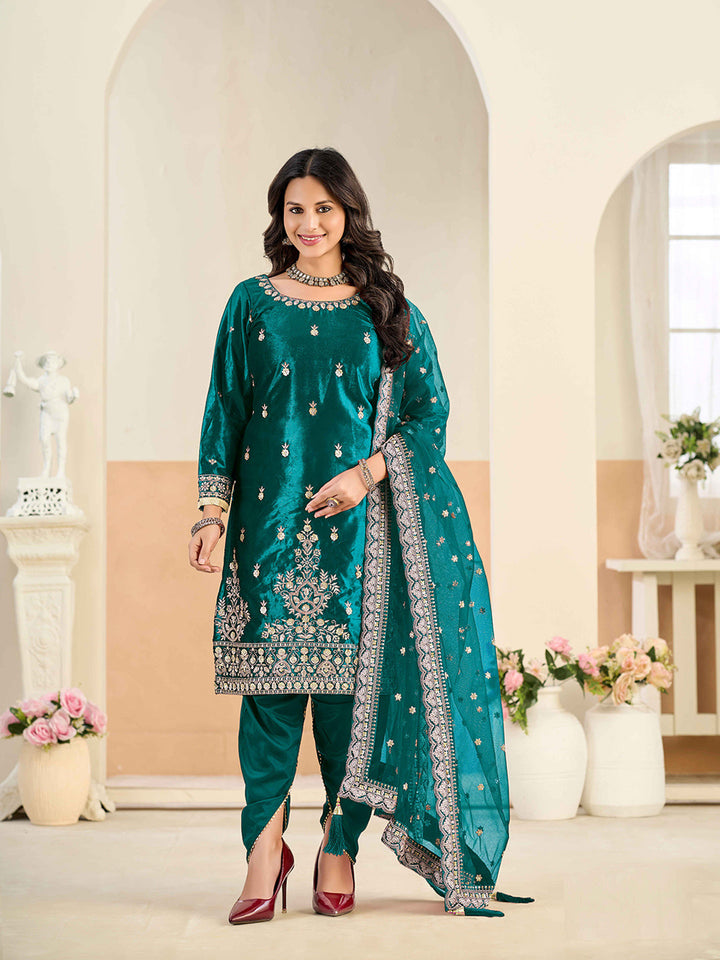 Embroidered Velvet Semi Stitched Kurta With Skirt &amp; Dupatta