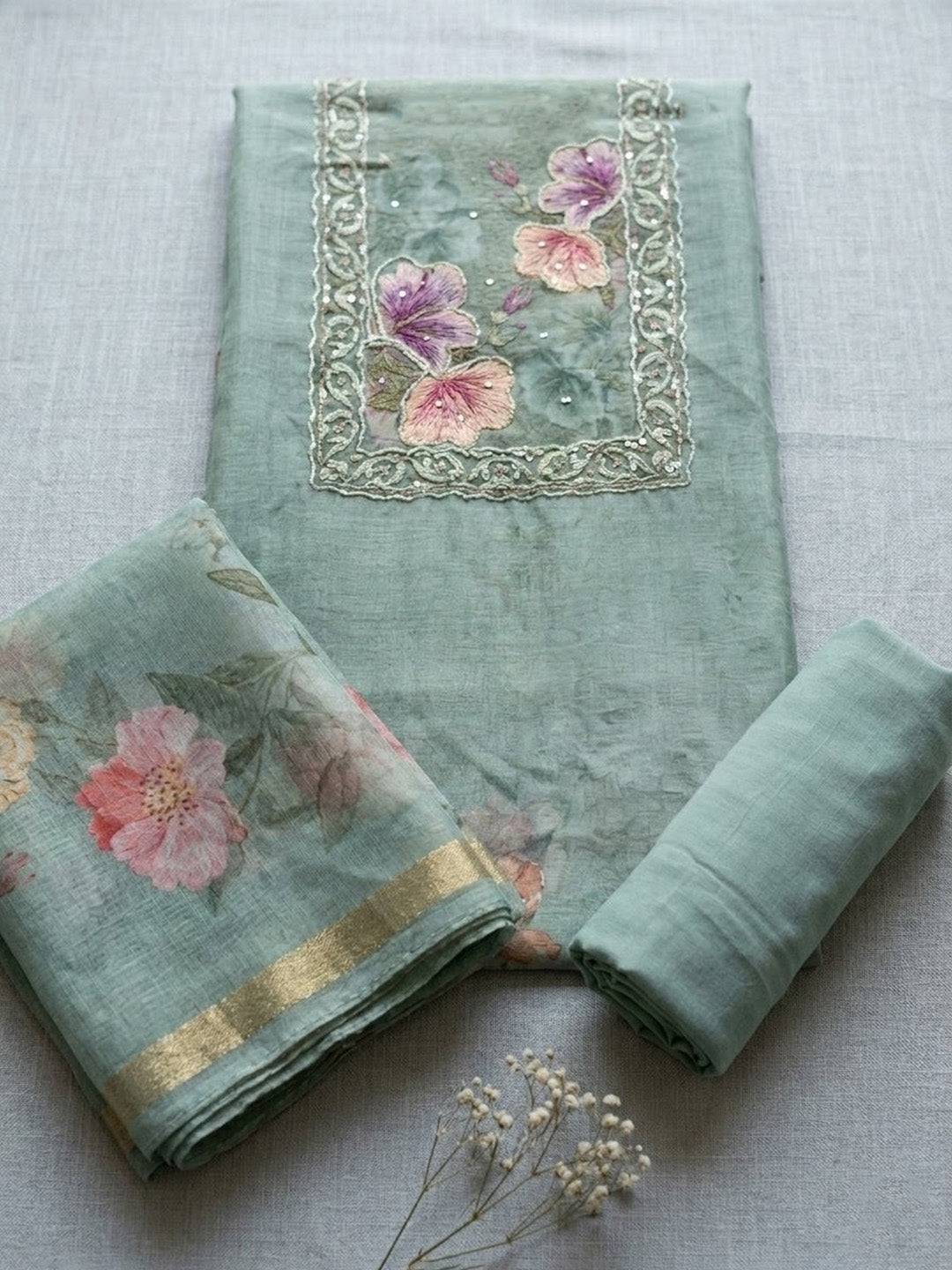 Embroidered Linen Blend Unstitched Suit With Pant &amp; Dupatta
