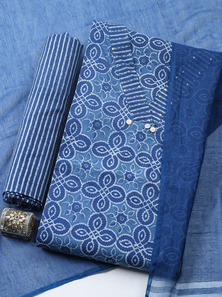 Embroidered Cotton Blend Unstitched Suit With Pant &amp; Dupatta