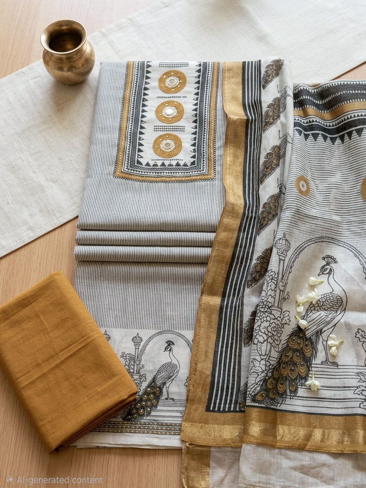 Embroidered Linen Blend Unstitched Suit With Pant &amp; Dupatta