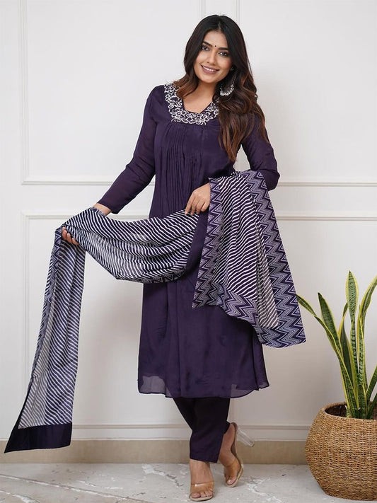 Neck Embroidered Chinon Kurta With Pant & Dupatta