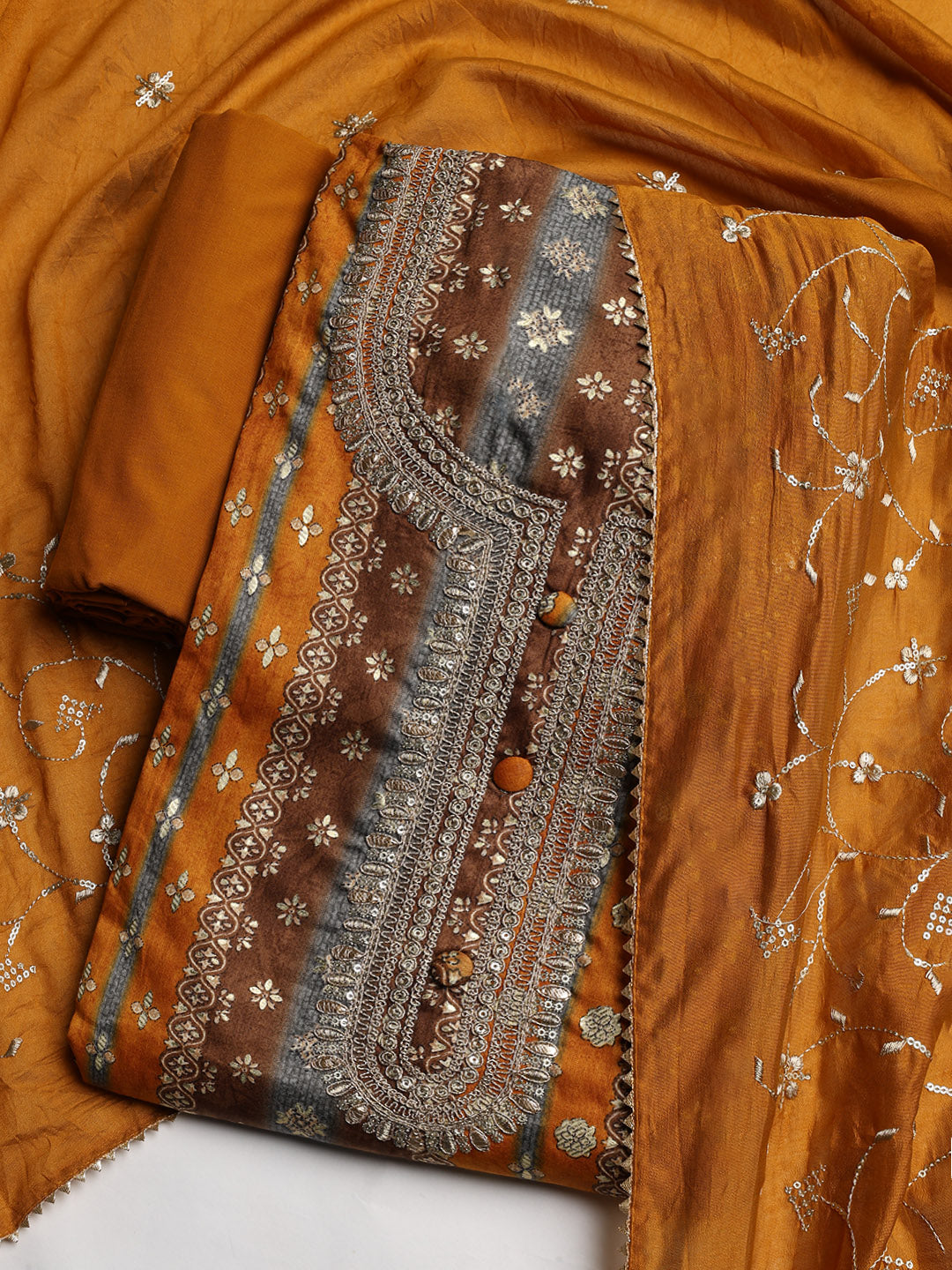 Neck Embroidered Cotton Blend Unstitched Suit With Dupatta