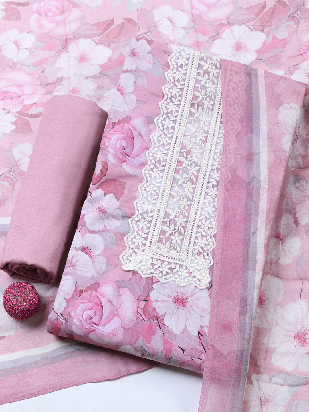 Plain Cotton Blend Unstitched Suit With Pant &amp; Dupatta