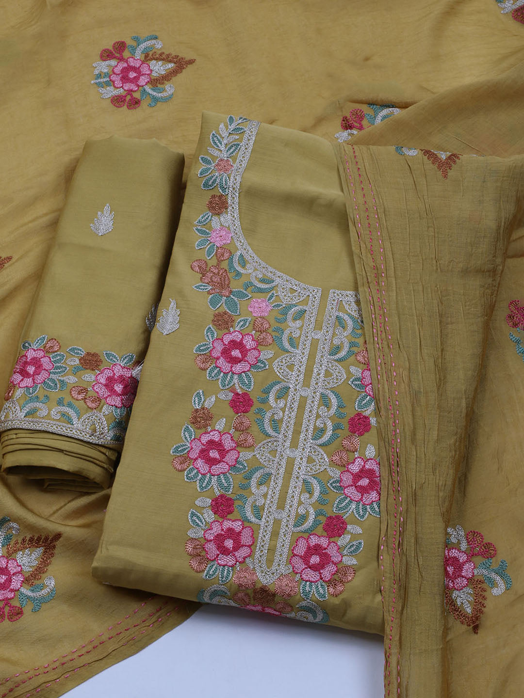 Neck Embroidered Chanderi Unstitched Suit With Dupatta