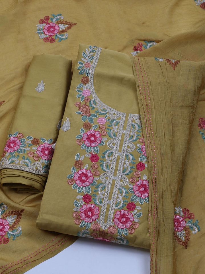 Neck Embroidered Chanderi Unstitched Suit With Dupatta