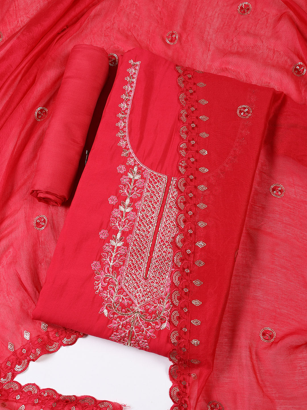 Neck Embroidered Chanderi Unstitched Suit With Dupatta