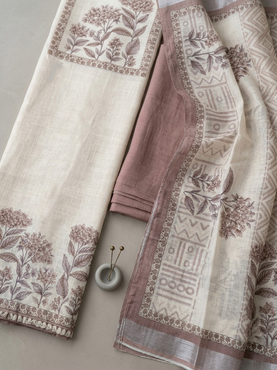 Embroidered Linen Blend Unstitched Suit With Pant &amp; Dupatta