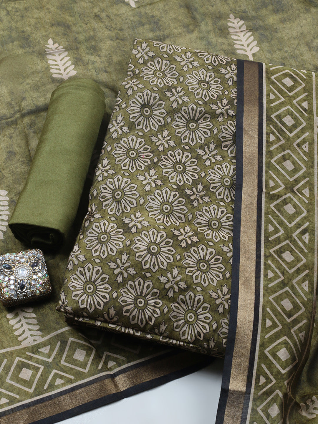 Printed Chanderi Unstitched Suit With Pant &amp; Dupatta