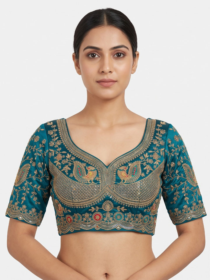 Premium Peacock-Blue Embroidery Viscose Blouse Piece