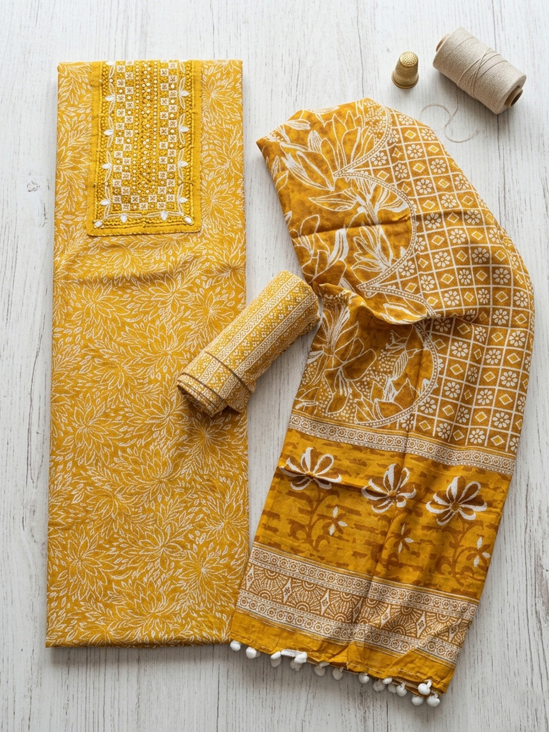 Embroidered Cotton Blend Unstitched Suit With Pant &amp; Dupatta