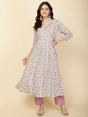 Floral Printed Cotton Anarkali Kurta With Pants