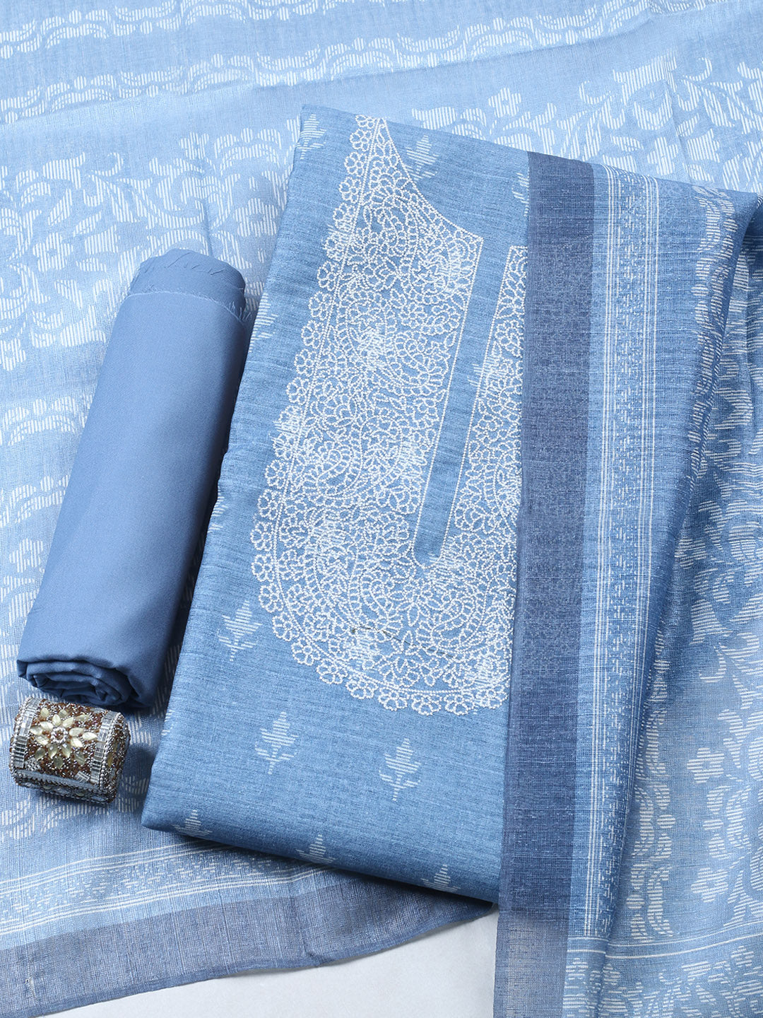 Printed Chanderi Unstitched Suit With Pant &amp; Dupatta