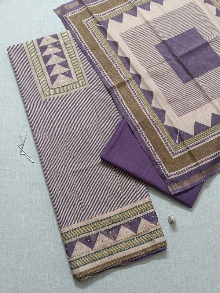 Printed Linen Blend Unstitched Suit With Pant &amp; Dupatta
