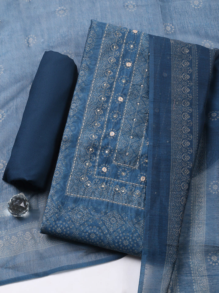 Embroidered Linen Blend Unstitched Suit With Pant &amp; Dupatta