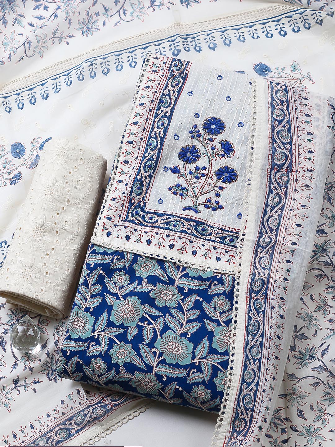Embroidered Cotton Blend Unstitched Suit With Pant &amp; Dupatta