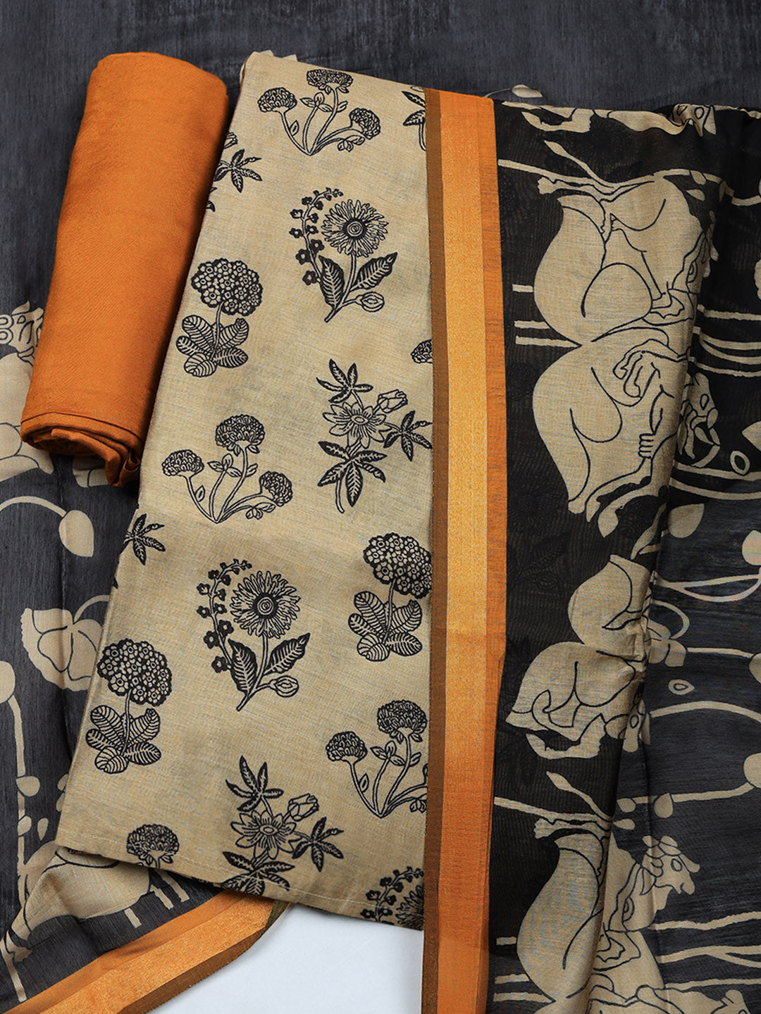 Printed Chanderi Unstitched Suit With Pant &amp; Dupatta