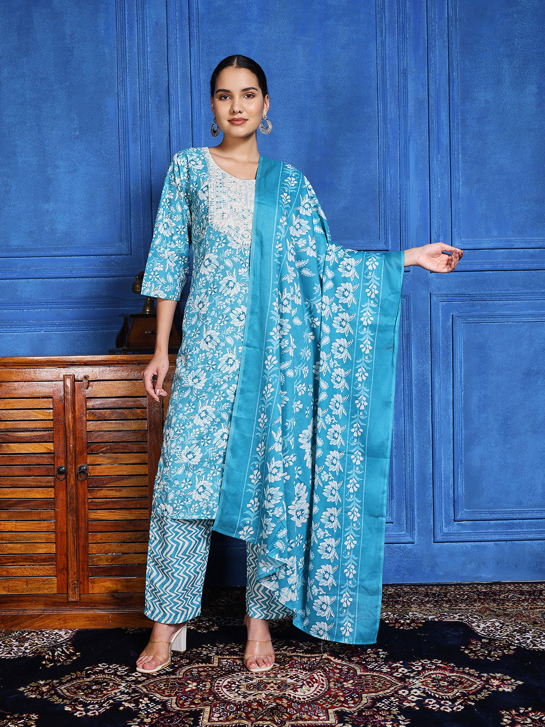 Printed Cotton Blend Kurta With Pants & Dupatta