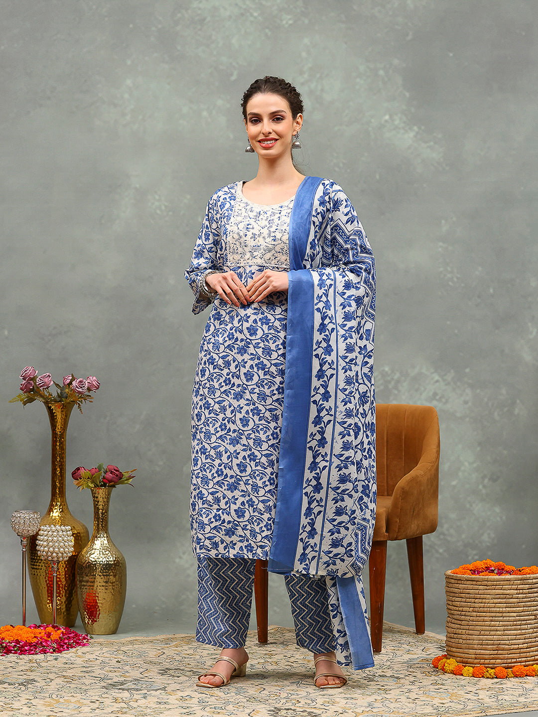 Printed Cotton Blend Kurta With Pants & Dupatta