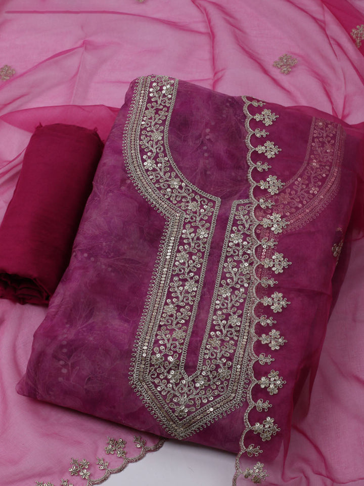 Neck Embroidered Organza Unstitched Suit With Dupatta