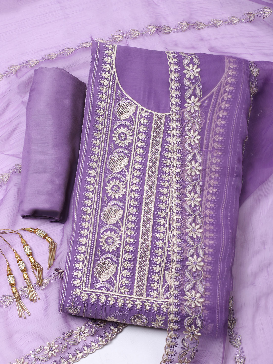 Embroidered Organza Unstitched Suit With Pant &amp; Dupatta