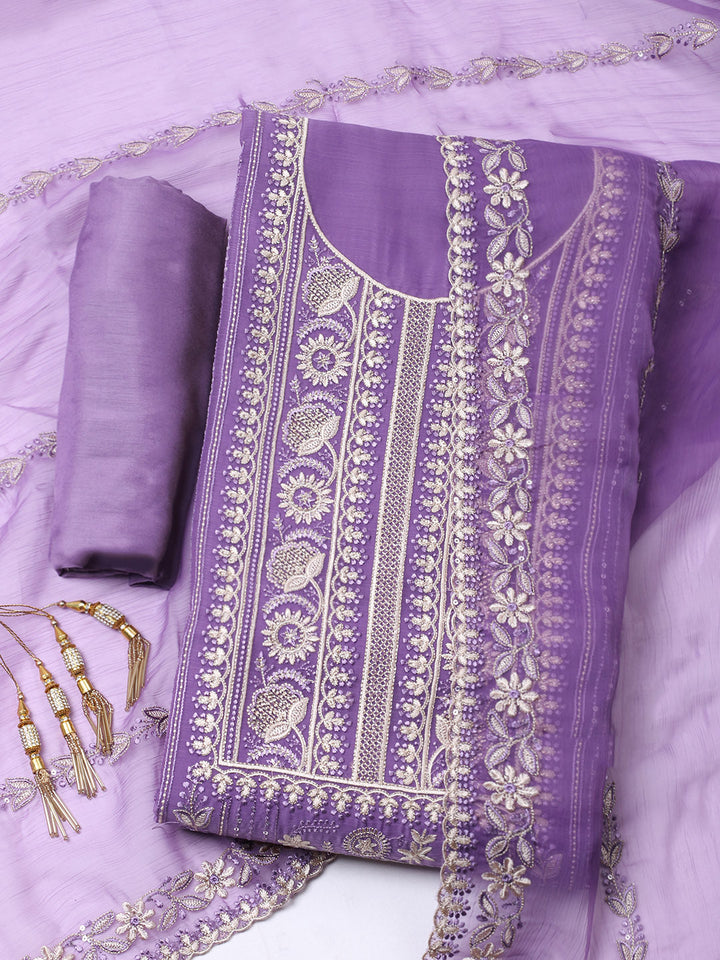 Embroidered Organza Unstitched Suit With Pant &amp; Dupatta