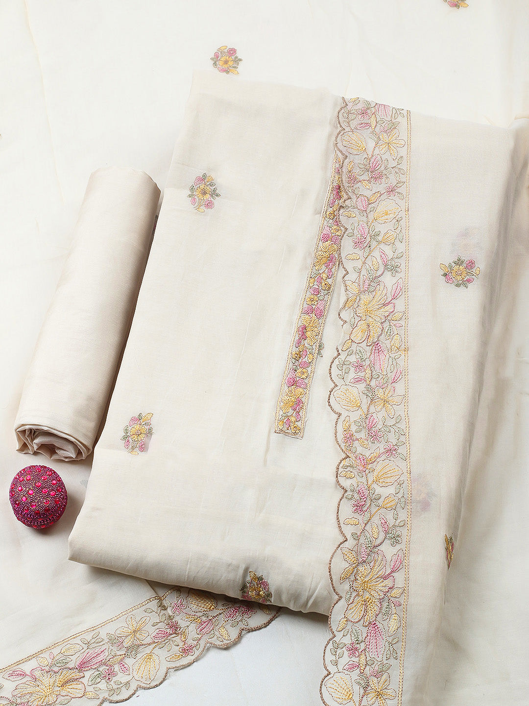 Embroidered Chanderi Unstitched Suit With Pant &amp; Dupatta