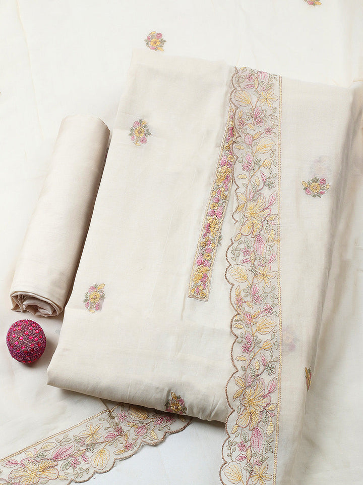 Embroidered Chanderi Unstitched Suit With Pant &amp; Dupatta