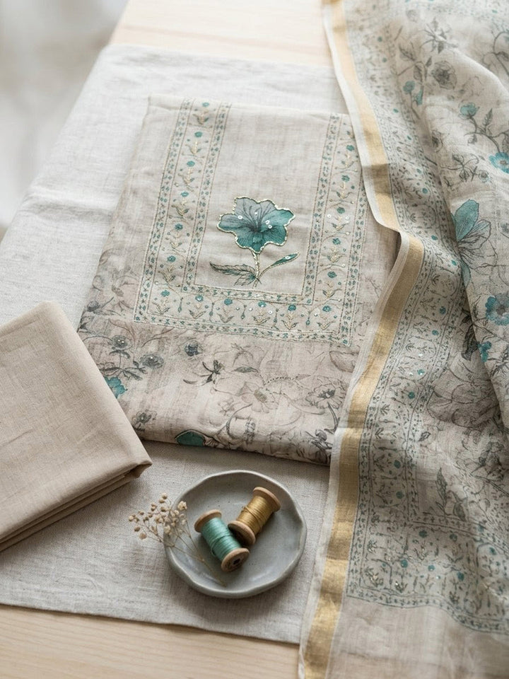 Printed Linen Blend Unstitched Suit With Pant &amp; Dupatta